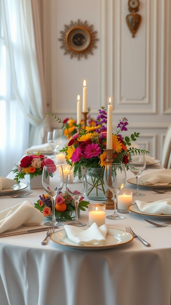 An elegant dinner table setting with flowers, candles, and fine china.